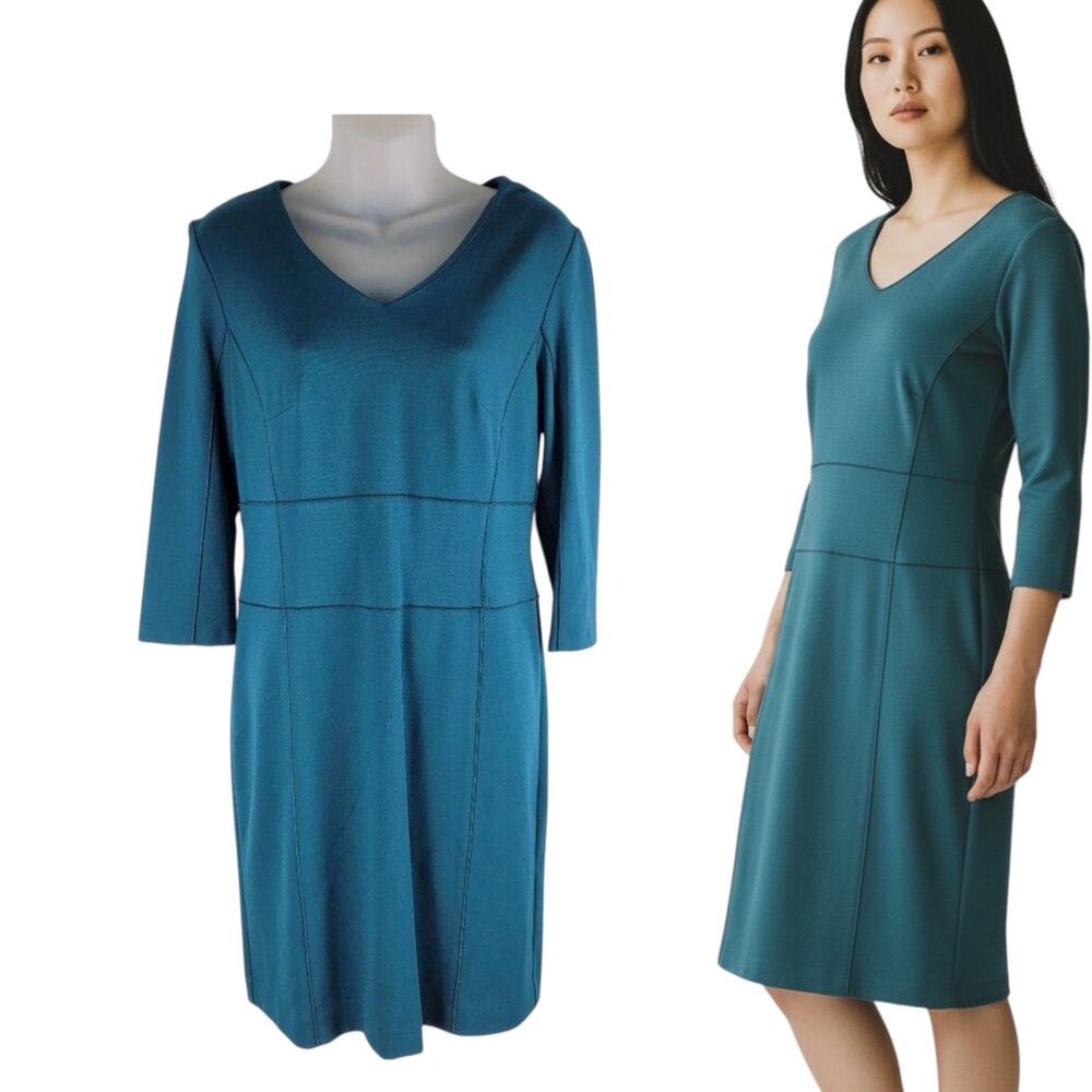 NEW Minan Wong 3/4 Sleeve Sheath Dress V-Neck Blue Zip Size 8